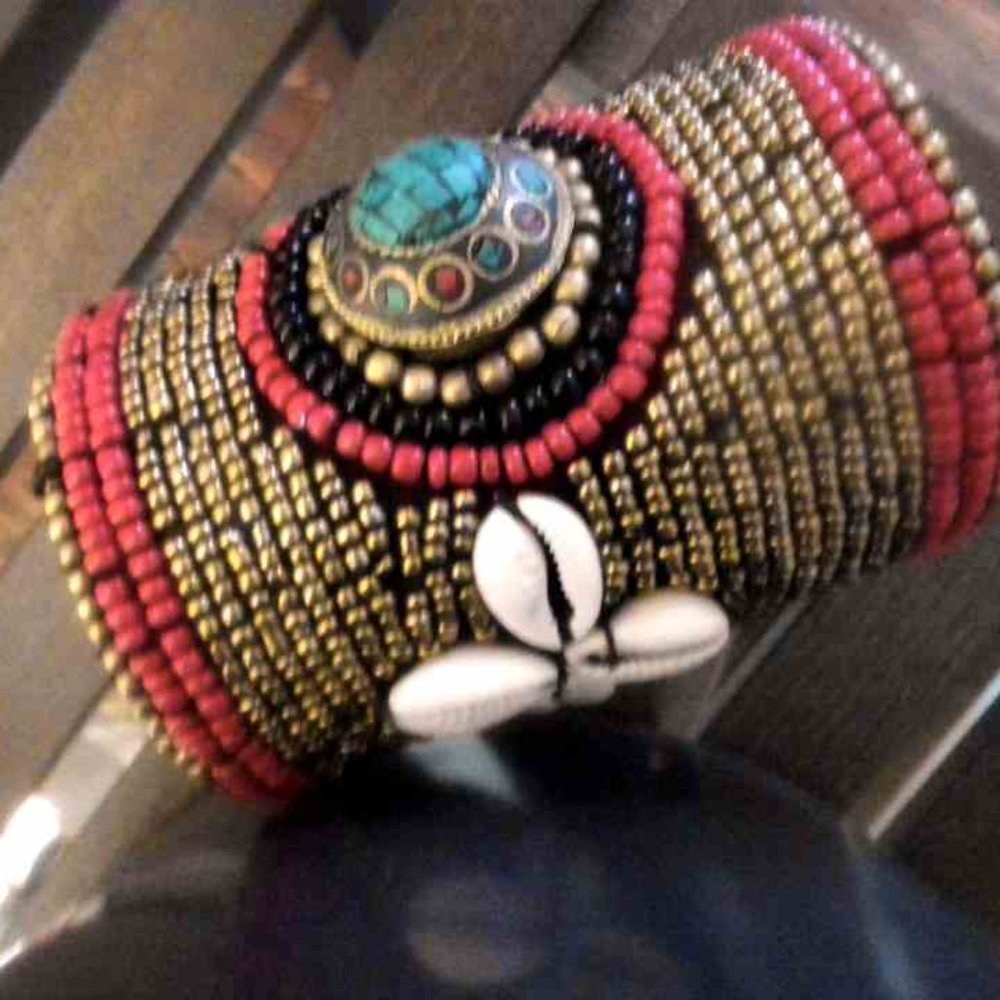 Cuff Bracelet, Cowrie Shell, Adjustable Cuff, tribal Cuff, Beaded Bracelet